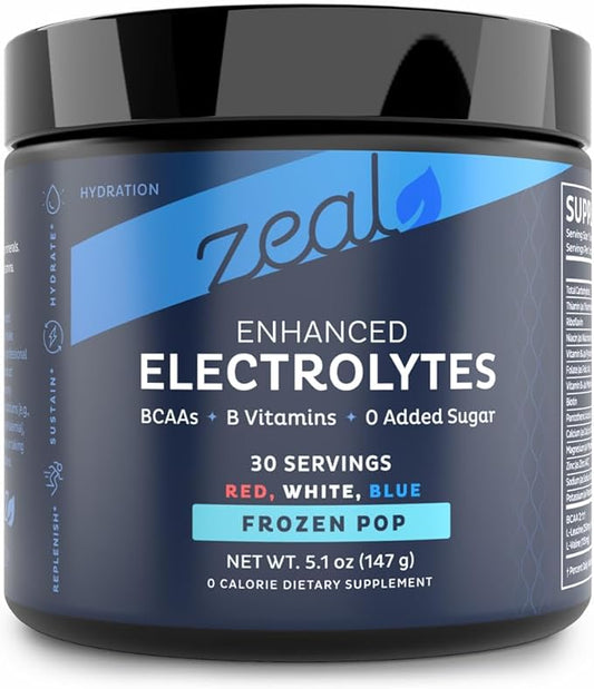 Zeal Electrolyte Powder - 90 Servings | Keto Electrolytes Powder | Zero Sugar, BCAAs, B-Vitamins | Potassium, Zinc, Magnesium | Hydration Powder Recovery Drink | Red White Blue Frozen Pop