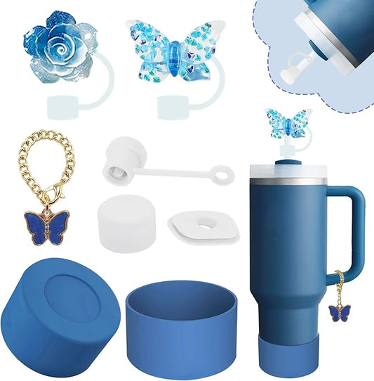 Stanley Cup Accessories Set,Including 2 Pcs 0.4in Straw Cover, 1 Silicone Spill-Proof Stopper Set of 3, 1 Cute Butterfly Handle Charm, 1 Silicone Boot Fits Stanley 40&30 Oz Tumbler (Stargaze)