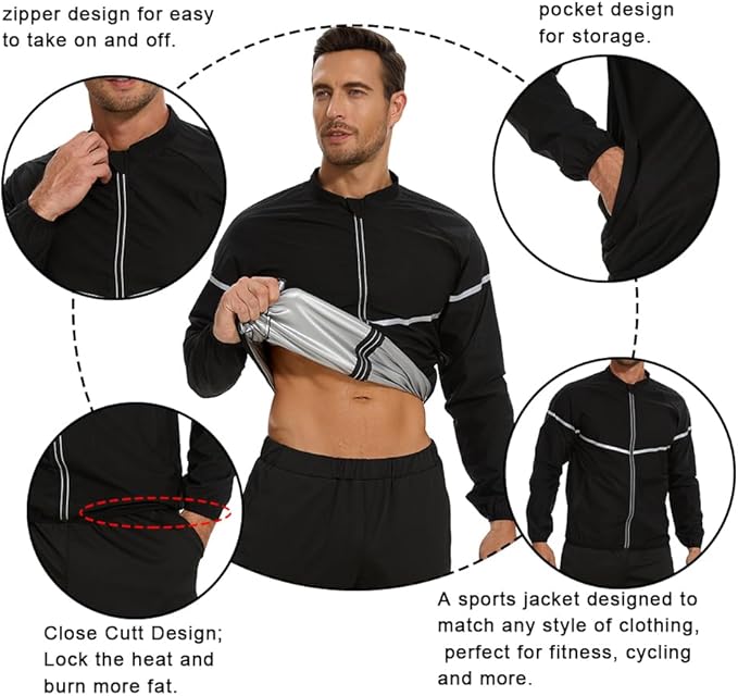 NINGMI Sauna Suit for Men Sweat - Long Sleeve Shirt Jacket Workout Body Shaper Zipper Top Slimming Fitness Trainer Gym