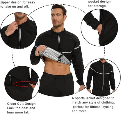 NINGMI Sauna Suit for Men Sweat - Long Sleeve Shirt Jacket Workout Body Shaper Zipper Top Slimming Fitness Trainer Gym