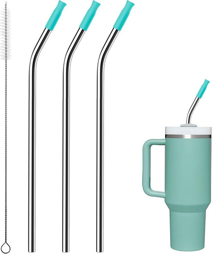 Metal Straws with Silicone Tip for 40 oz Tumbler - Reusable Stainless Steel for Stanley, 3 Bendy 13.3" and 3 Light Green Silicone Tips - Smoothie Straws