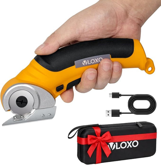 VLOXO Cordless Electric Scissors, Electric Box Cutter with Safety Lock, 4.2V Cardboard Cutter Multi-Cutting Tools, Rechargeable Powerful Leather Cutter for Carpet Cardboard Felt with Storage Box