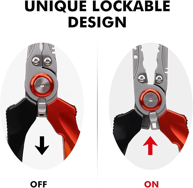 TRUSCEND Lockable Handy Fishing Pliers with Innovative Ergonomic Handle, Saltwater Corrosion Resistant Teflon Coated Fishing Tool, Multi-Function Fishing Gear with Mo-V Cutter