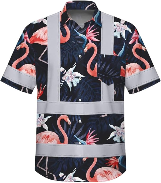 High Visibility Hawaiian Shirt for Men Tropical Shirts Custom Name Floral Outfit Reflective Safety Workwear