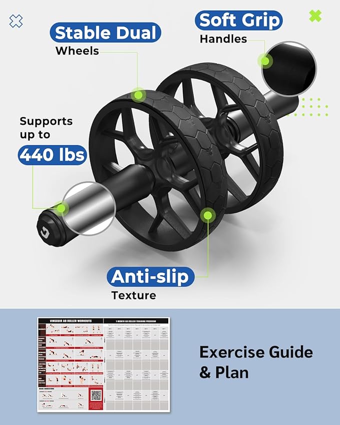 VINSGUIR Ab Roller Wheel for Beginners to Pros, Ab Roller with Adjustable & Detachable Resistance Band, Abs & Core Workout Equipment for Home Gym, Abdominal Wheel with Exercise Guide and Knee Pad, Men Women