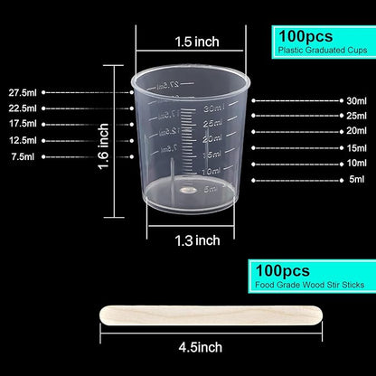 100 Pack 30ml/1oz Transparent Measuring Cups Reusable Clear Plastic Graduated Epoxy Mixing Cups with 100 Pack Wooden Stirring Sticks for Liquids Resin, Epoxy, Stain, Mixing Paint, School Labs
