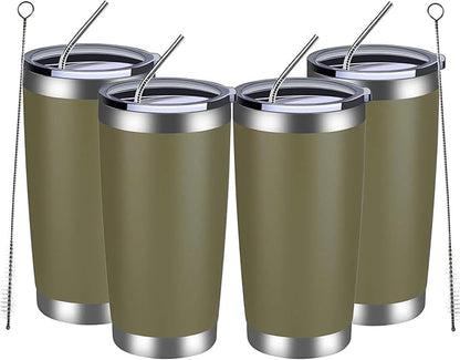 MEWAY 20oz Tumbler 4 Pack Double Wall Vacuum Insulated Travel Mug Bulk, Stainless Steel Tumblers with Lid and Straw, Durable Powder Coated Coffee Cups for Cold & Hot Drinks (Army Green, 4)