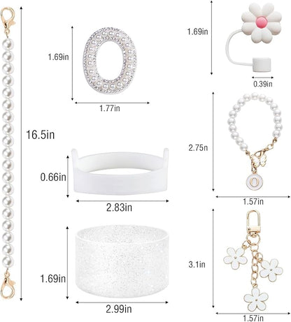 Stanley Cup Accessories Set - Including Water Bottle Carrying Pearl Strap, Handle Letter Charms Sticker, Silicone Cups Boot Straw Cover for 40oz & 30oz Tumbler