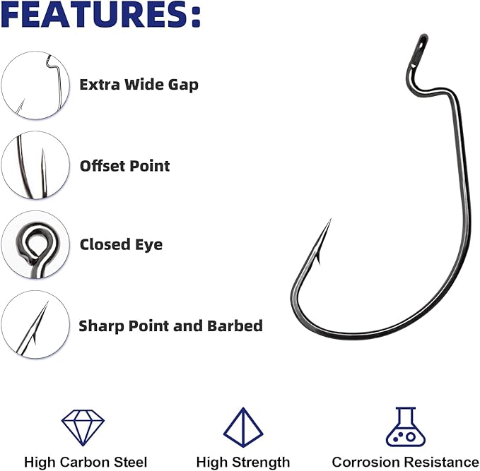 UCEC Fishing Hooks, 140PCS/ 100PCS/ 60PCS EWG Offset Worm Hooks Bass Hooks Wide Gap 2X Strong Senko Bait Texas Rig Jig Fish Hooks for Bass Trout Saltwater Freshwater Size:#4#2#1 1/0 2/0 3/0 4/0 5/0