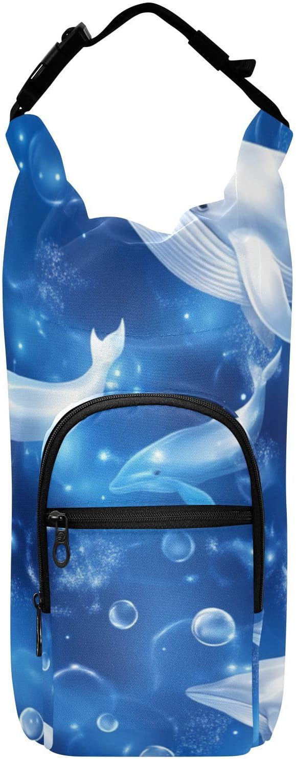 Blue Whales and Bubbles Water Bottle Holder with Strap Insulated Water Bottle Carrier Crossbody Bags Pouch with Phone Pocket for Travel Gym Hiking Walking Running