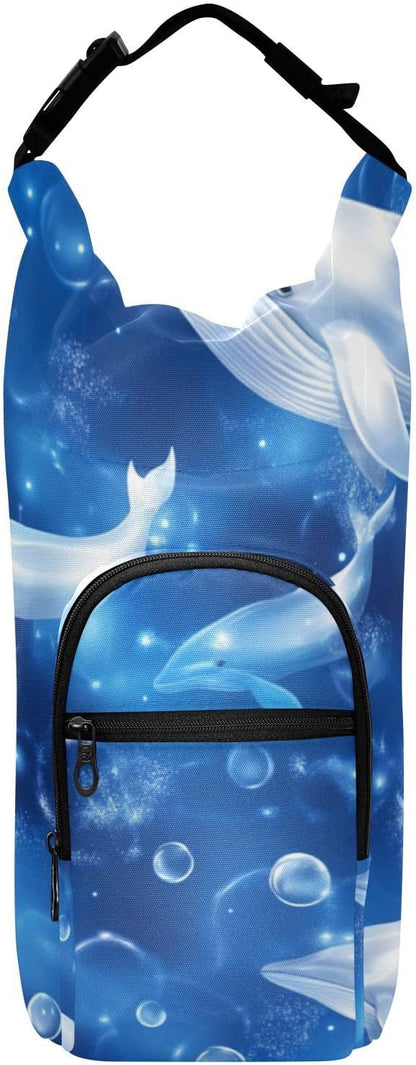 Blue Whales and Bubbles Water Bottle Holder with Strap Insulated Water Bottle Carrier Crossbody Bags Pouch with Phone Pocket for Travel Gym Hiking Walking Running