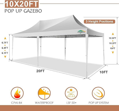 COBIZI 10x20 Pop Up Canopy Tent with Sidewalls,Party Tent Outdoor Gazebos, Waterproof & UV50+,3 Adjustable Heights,Higher Frame Design - Extra Tall for Parties Backyard,Weddings,Markets, White