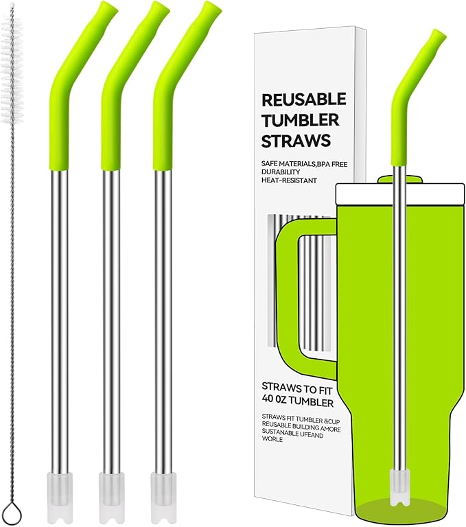Reusable Metal Straws with Silicone Tip for Stanley 40oz,Stainless Steel Drinking Straws for 40oz Tumbler,3 Straight Tubes & 6 Tips& 1 Cleanr Brush(Bright Lime)
