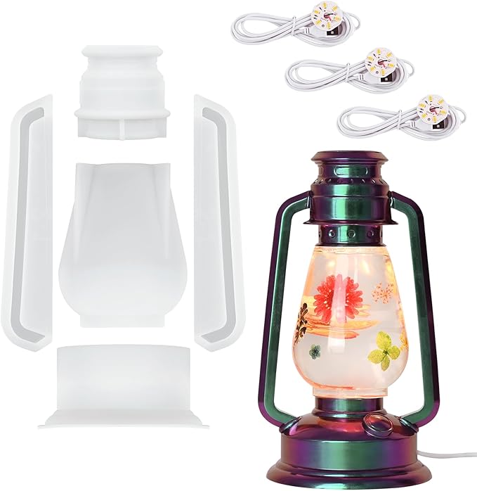 Actvty Oil Lamp Resin Molds Set, Hurricane Lamp Silicone Mold for Resin Casting, Epoxy Light Molds with 3pcs LED Lights DIY Retro Lantern Indoor Oil Lamps for Table Fireplace Home Decoration
