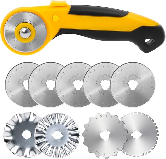 AUTOTOOLHOME 45mm Rotary Cutter with 9pcs Extra Blades Automatic Fabric Roller Cutter Perforator Crochet Edge Pinking Rotary Blades for Quilting, Sewing, Crafting