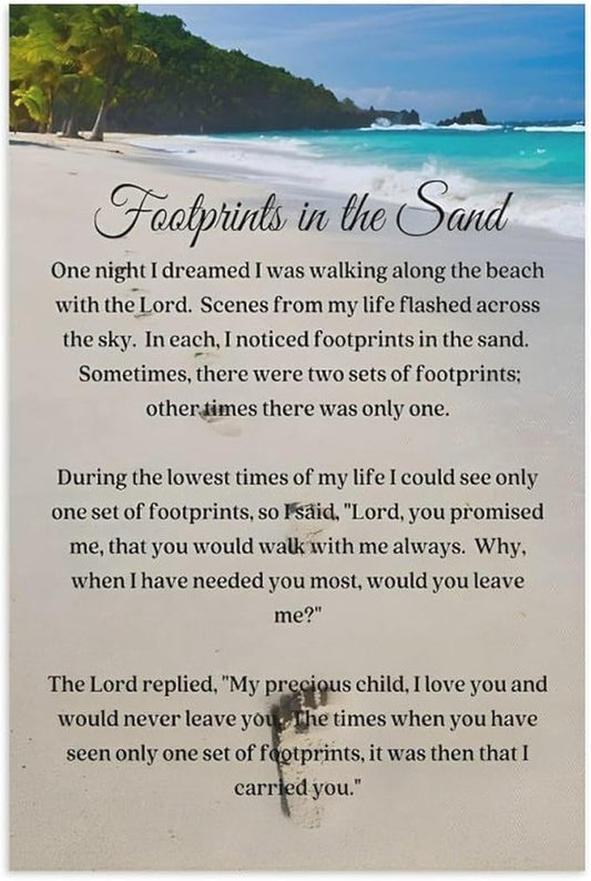 Footprints in the Sand Religious Canvas Wall Art Posters, Inspirational Beach Sunset Poem Print Poster (Unframed 20x30inch, Footprints(4))