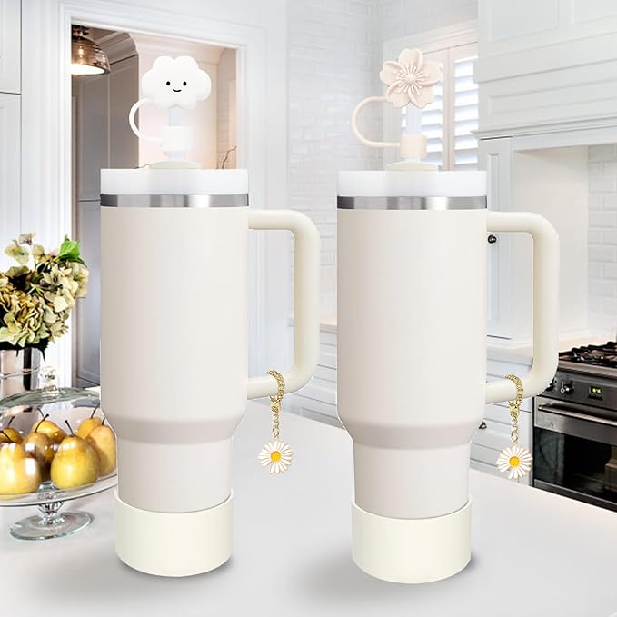 Stanley Cup Accessories Set,Including 2 Pcs 0.4in Straw Cover, 1 Silicone Spill-Proof Stopper Set of 3, 1 Cute Flower Handle Charm, 1 Silicone Boot Fits Stanley 40&30 Oz Tumbler (Cream)