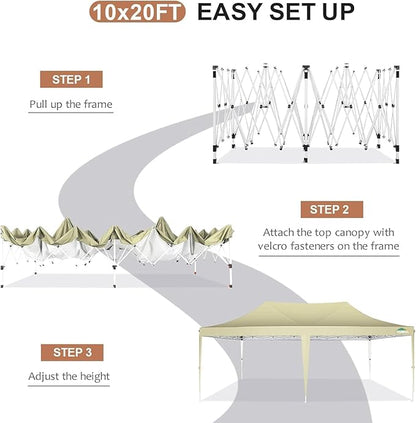 COBIZI 10x20 Pop Up Canopy Tent with Sidewalls,Party Tent Outdoor Gazebos, Waterproof & UV50+,3 Adjustable Heights,Higher Frame Design - Extra Tall for Parties Backyard,Weddings,Markets,(Khaki)