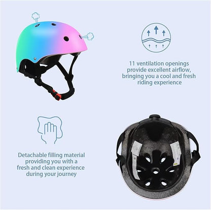 Color Gradient Adjustable Kids Bike Helmet with Knee & Elbow Pads Set | Multi-Sport Safety Gear for Boys & Girls Ages 5-14 | Skateboarding, Scooters, Roller & Inline Skating, Longboarding
