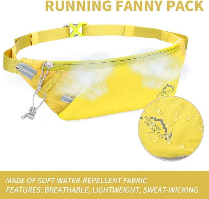 INOXTO Slim Running Belt Fanny Pack for Women and Men Sports Waist Bag Pack with 300ml Water Bottle for Running Walking Cycling Hiking Reflective Running Pouch Belt for All Phones (Yellow)