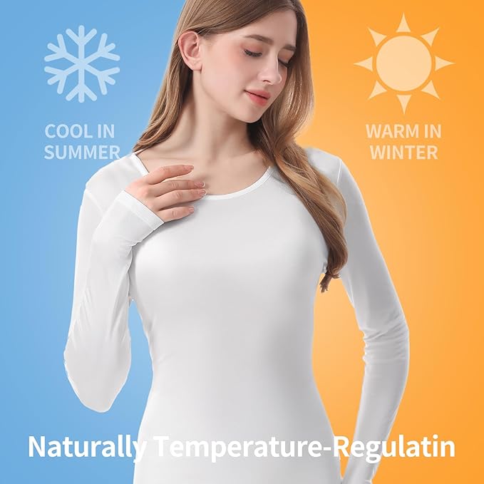 100% Mulberry Silk Long Sleeve Top for Women Thermal Base Layer Shirt Lightweight Breathable Underwear with Gift Box