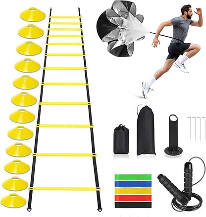 Agility Ladder, Speed Training Equipment Set, 20ft 12-Step Agility Ladder with 4 Fixed Steel Spikes, 5 Resistance Bands, 12 Football Cones, Jump Rope, Running Resistance Umbrella for Kids Teens Adults