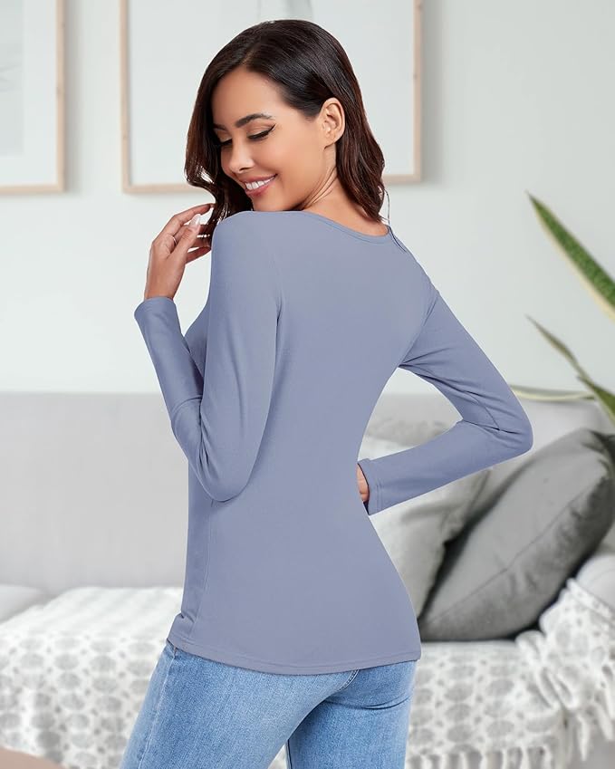 WOWENY Thermal Shirts for Women Sweetheart Fleece Lined Long Sleeve Underwear Tops Soft Warm Base Layer Cold Weather