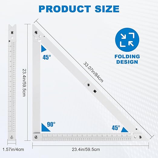 Meticuloso Folding Triangle Ruler 23.4inchs, Aluminum Framing Square Carpentry Squares Construction Framing Tool Collapsible Square Right Angle Ruler
