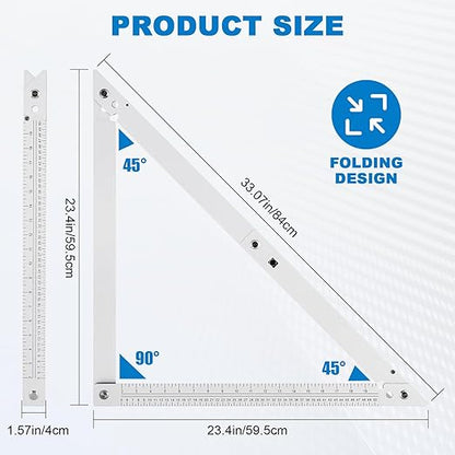 Meticuloso Folding Triangle Ruler 23.4inchs, Aluminum Framing Square Carpentry Squares Construction Framing Tool Collapsible Square Right Angle Ruler