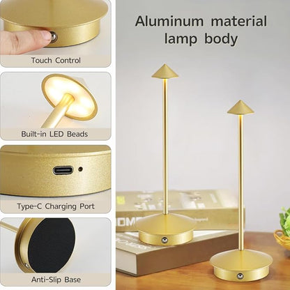 2 Pack Cordless Table Lamp Battery Lamp, Portable LED Desk Lamps,6000mAh Rechargeable Battery Operated Lighting for Bedroom Dining Room Restaurant Patio Shop Camping Night Light (Gold)