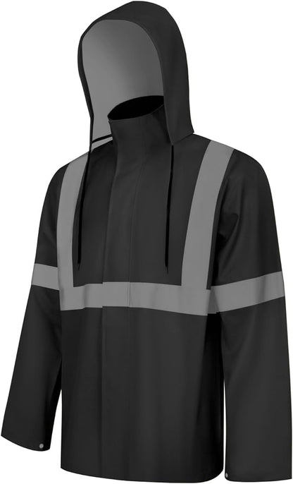Rain Jacket, High Visibility Rain Coat, Waterproof Raincoat with Hood, Lightweight Rain Suit for Outdoor Activities, Rain Ponchos for Adults Reusable, Men Women, Black T, 4XL-5XL