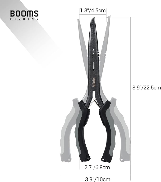 Booms Fishing F03 Needle Nose Fishing Pliers, 9" Fisherman's Pliers, Long Nose Hook Remover, Saltwater Resistant Fishing Gear, Gray