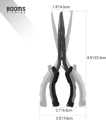Booms Fishing F03 Needle Nose Fishing Pliers, 9" Fisherman's Pliers, Long Nose Hook Remover, Saltwater Resistant Fishing Gear, Gray