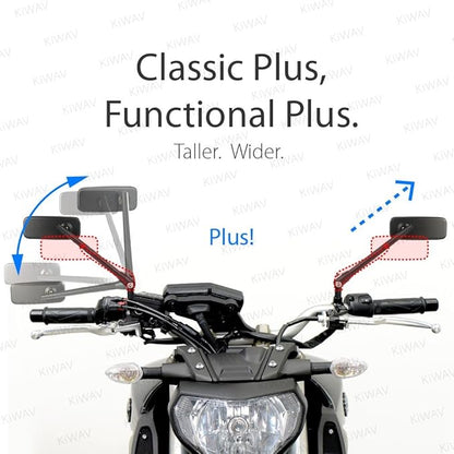 KiWAV Motorcycle Mirrors Rear View Side Rectangular ClassicPlus Black Convex Aspherical Anti-Glare Blue Tinted Glass Longer Stem 8mm 1.25 Pitch Adapters for E-bike Scooter ATV Moped Pack of Pair