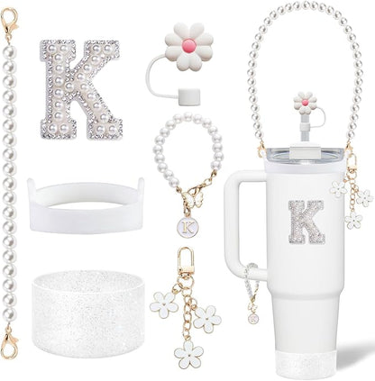 Cup Accessories Set for Stanley- Including Water Bottle Carrying Pearl Strap, Handle Letter Charms Sticker, Siliocne Cup Boot Straw Cover for Stanley 40oz & 30oz Tumbler Accessory Kit-K