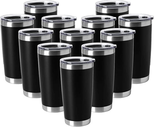 HASLE OUTFITTERS 20oz Tumblers Stainless Steel Mugs with Lid Double Wall Vacuum Insulated Coffee Cups for Cold & Hot Drinks (20oz-Black, 12 Pack)