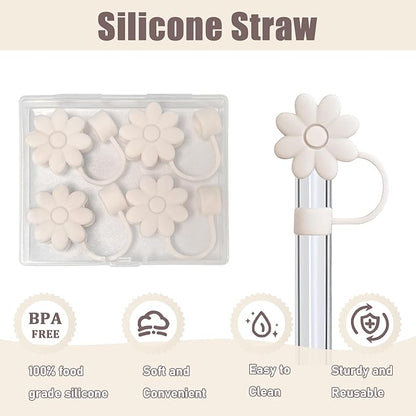 4PCS Silicone Straw Covers Toppers for Stanley Cups 30&40 Oz Tumbler Accessories Flower Straw Caps Cream Dust-Proof Reusable Straws Tips Protectors for Stanley Cup 10mm 0.4in Straws