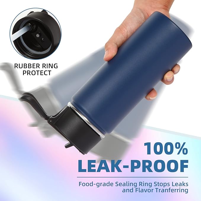 Volhoply Kids Insulated Water Bottle with Straw,16oz Stainless Steel Cold Water Bottles for School,BPA-Free Metal Wide Mouth Cups with Handle Lid,Reusable Double Wall Vacuum Sport Flask(Navy,1)