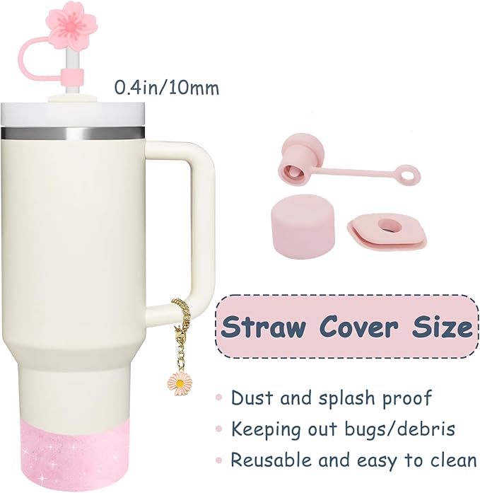 Stanley Cup Accessories Set for 40oz & 30oz Tumblers - Handle Strap, Spill-Proof Stopper, Silicone Straw Cover, Boot Base Protector, Keychain & Handle Charms(Pink)