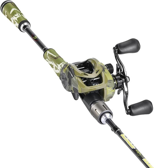 Sougayilang Baitcaster Combo, 30Ton+24Ton Graphite 2-Piece Blanks Casting Fishing Rod,SuperPolymer Handle,“S” Style Hook Keeper with Camo Baitcasting Reel
