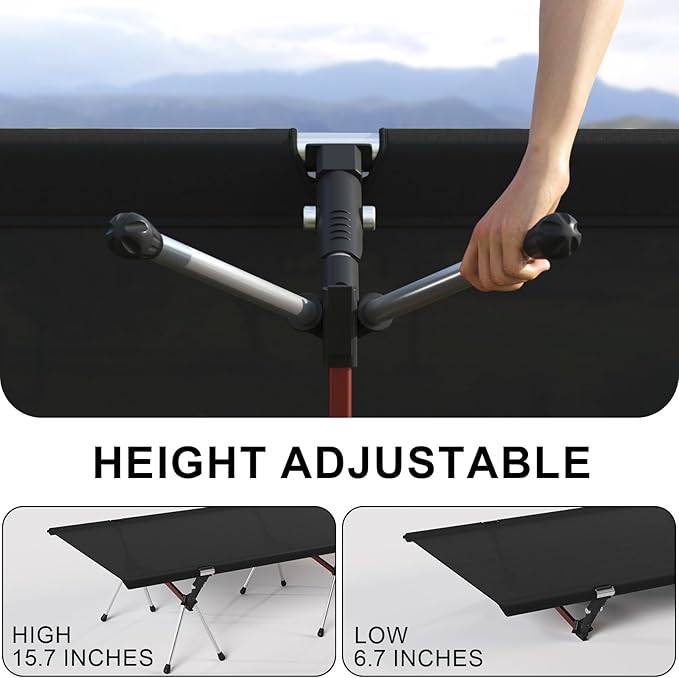 Camping Cot with Leg Extenders,Lightweight Portable Bed for Camping, Hiking, Travel, Beach, Home, Office Nap, Supports 330lbs, Easy Storage, Durable Design, Black