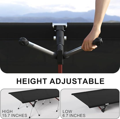 Camping Cot with Leg Extenders,Lightweight Portable Bed for Camping, Hiking, Travel, Beach, Home, Office Nap, Supports 330lbs, Easy Storage, Durable Design, Black