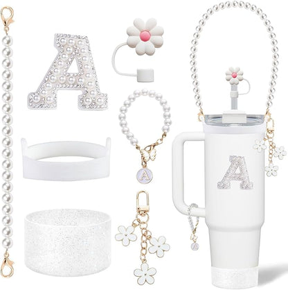 Stanley Cup Accessories Set - Including Water Bottle Carrying Pearl Strap, Handle Letter Charms Sticker, Silicone Cups Boot Straw Cover for 40oz & 30oz Tumbler