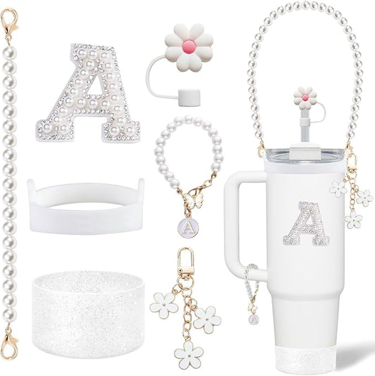 Stanley Cup Accessories Set - Including Water Bottle Carrying Pearl Strap, Handle Letter Charms Sticker, Silicone Cups Boot Straw Cover for 40oz & 30oz Tumbler
