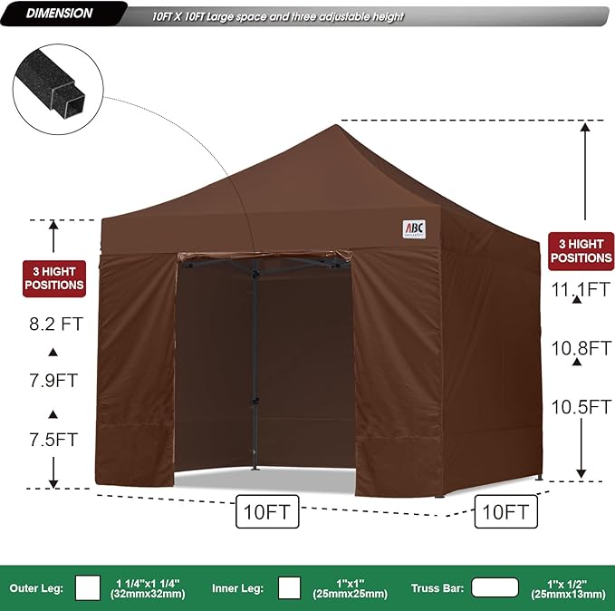 ABCCANOPY Heavy Duty Easy Pop up Canopy Tent with Sidewalls 10x10, Brown