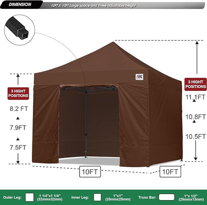 ABCCANOPY Heavy Duty Easy Pop up Canopy Tent with Sidewalls 10x10, Brown