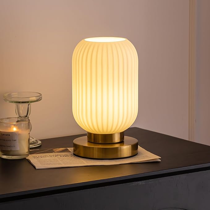 Modern Ribbed Glass Table Lamps Mid Century Bedside Light Small Nightstand Lamp with Plug-in Style, E26 Ambient Lighting for Bedroom Living Room Tabletop, Milky White