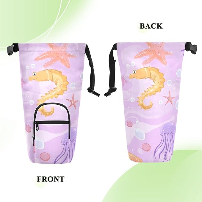 Purple Seahorse Jellyfish Starfish 01 Water Bottle Holder with Strap Insulated Water Bottle Carrier Crossbody Bags Pouch with Phone Pocket for Travel Gym Hiking Walking Running