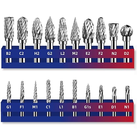 Carbide Burr Set 1/8" Inch Shank（3mm）Diameter，20PC Tungsten Double Cut Rotary Die Grinder Bits- Cutting Burrs for Aluminum Metal Wood Carving, Engraving,Polishing,Drilling
