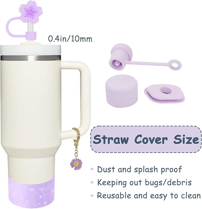 Stanley Cup Accessories Set for 40oz & 30oz Tumblers - Handle Strap, Spill-Proof Stopper, Silicone Straw Cover, Boot Base Protector, Keychain & Handle Charms(Purple)